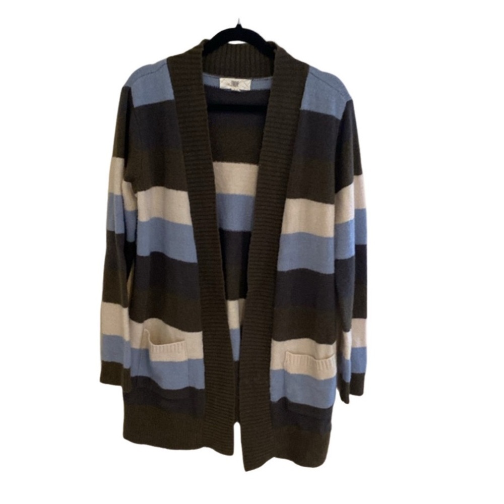 Pinque long cardigan. Size L. Brown/gray/blue/white striped. Pockets.